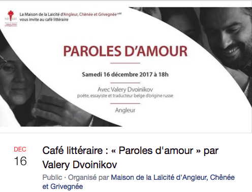 Bannière Facebook. Angleur. Café littéraire « Paroles d|amour », par Valéry Dvoinikov. 2017-12-16